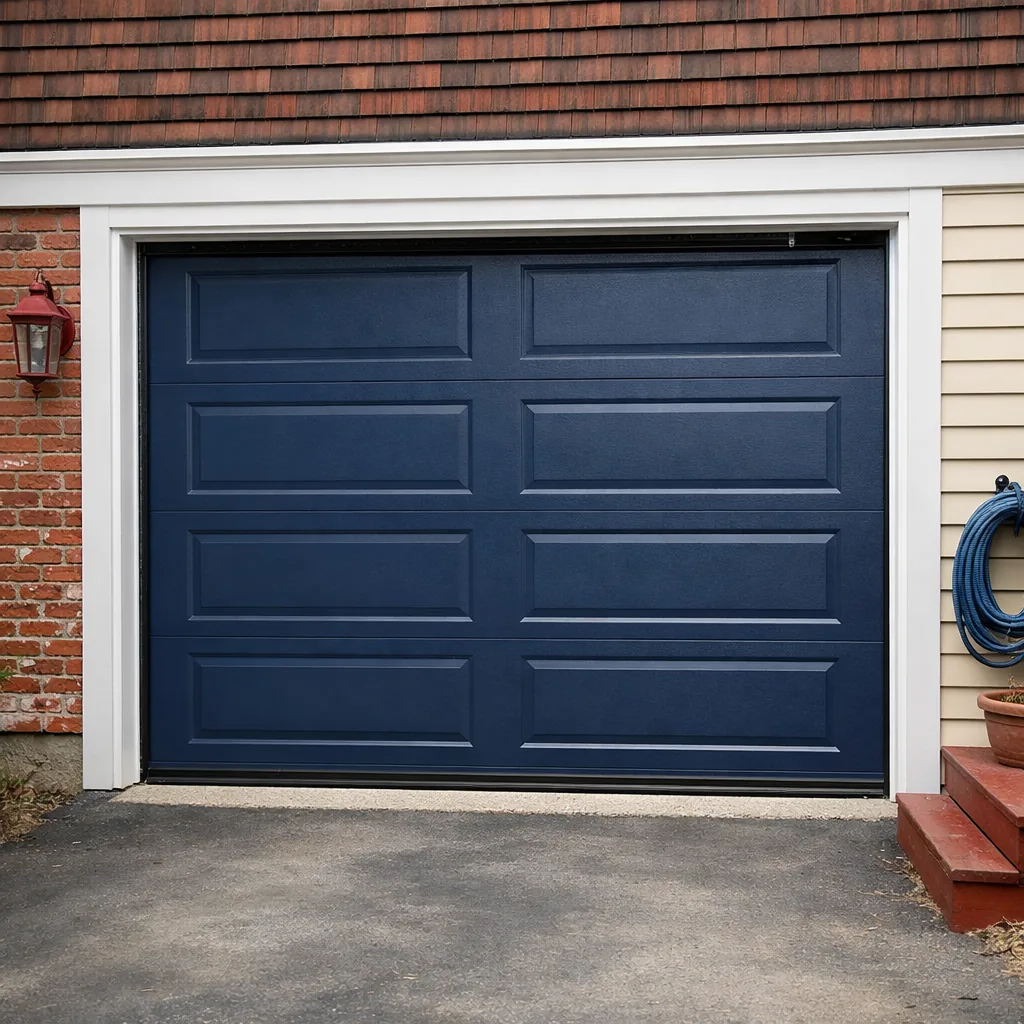 A repaired residential garage door closed flush against its frame on a Boston house, with clean tracks and fresh weatherstripping along the bottom